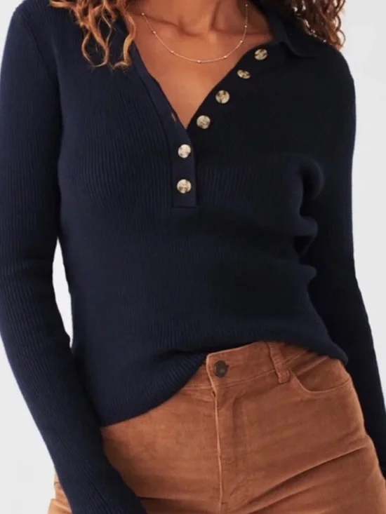 NWT! Faherty Mikki Polo Cashmere Cotton Sweater Navy Blue Sz L - Picture 1 of 5